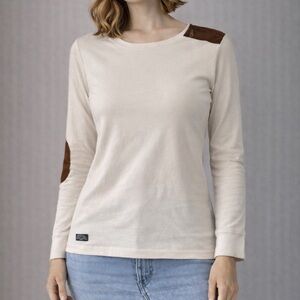 Lauren Jeans Ralph Lauren Cream Long Sleeve Top with Brown Suede Details Size L